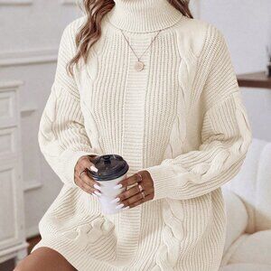 Beige Casual Womens Turtleneck Cable Knit Drop Shoulder Sweater Dress